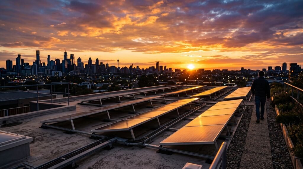 Rooftop solar panels at golden sunset